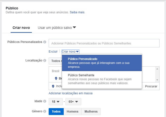 Demonstração de como criar Público Personalizado em anúncio do Facebook